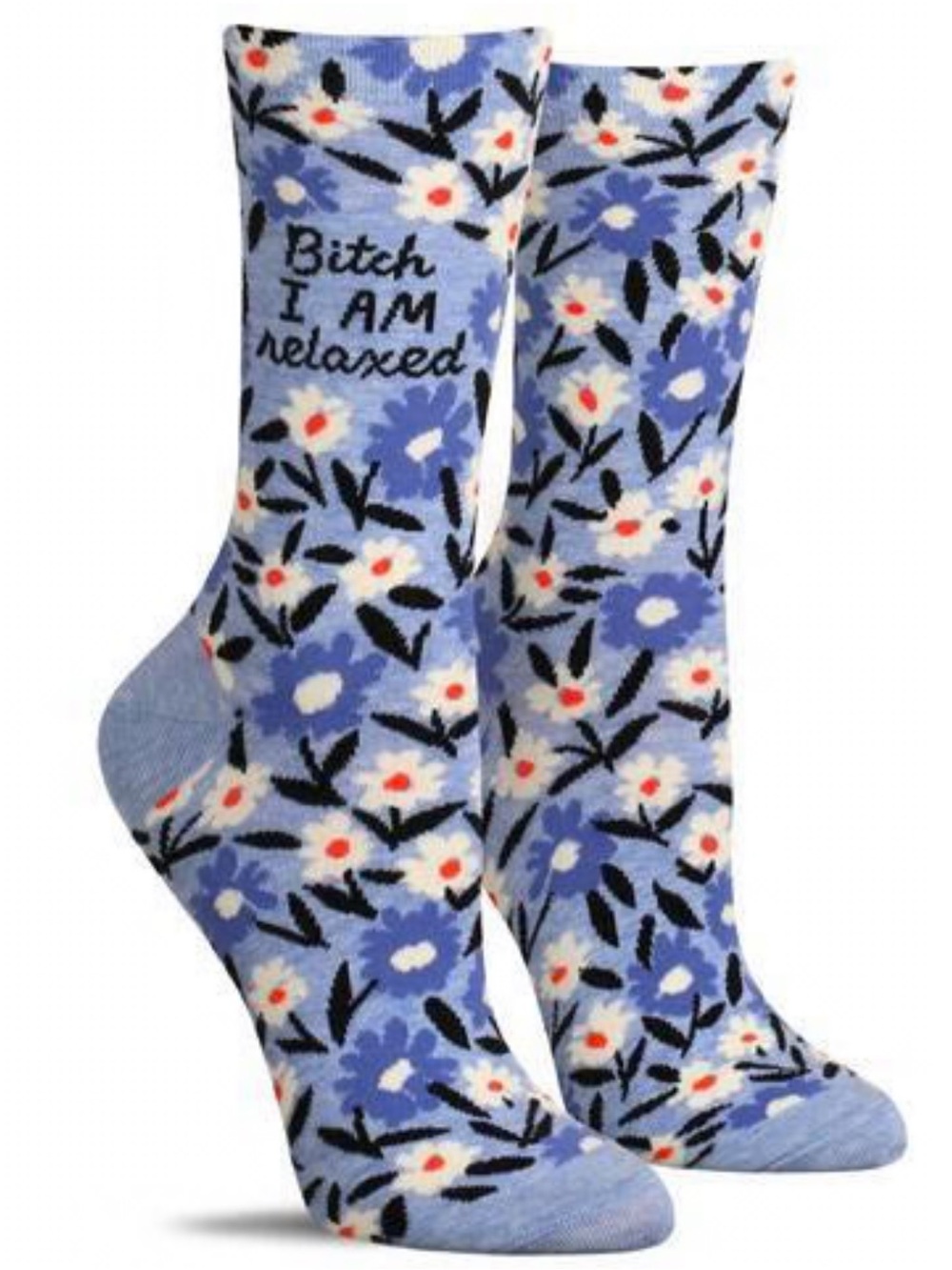 Brand new with Tags Blue Q Women’s Crew‎ Socks “B*tch I am Relaxed” Text